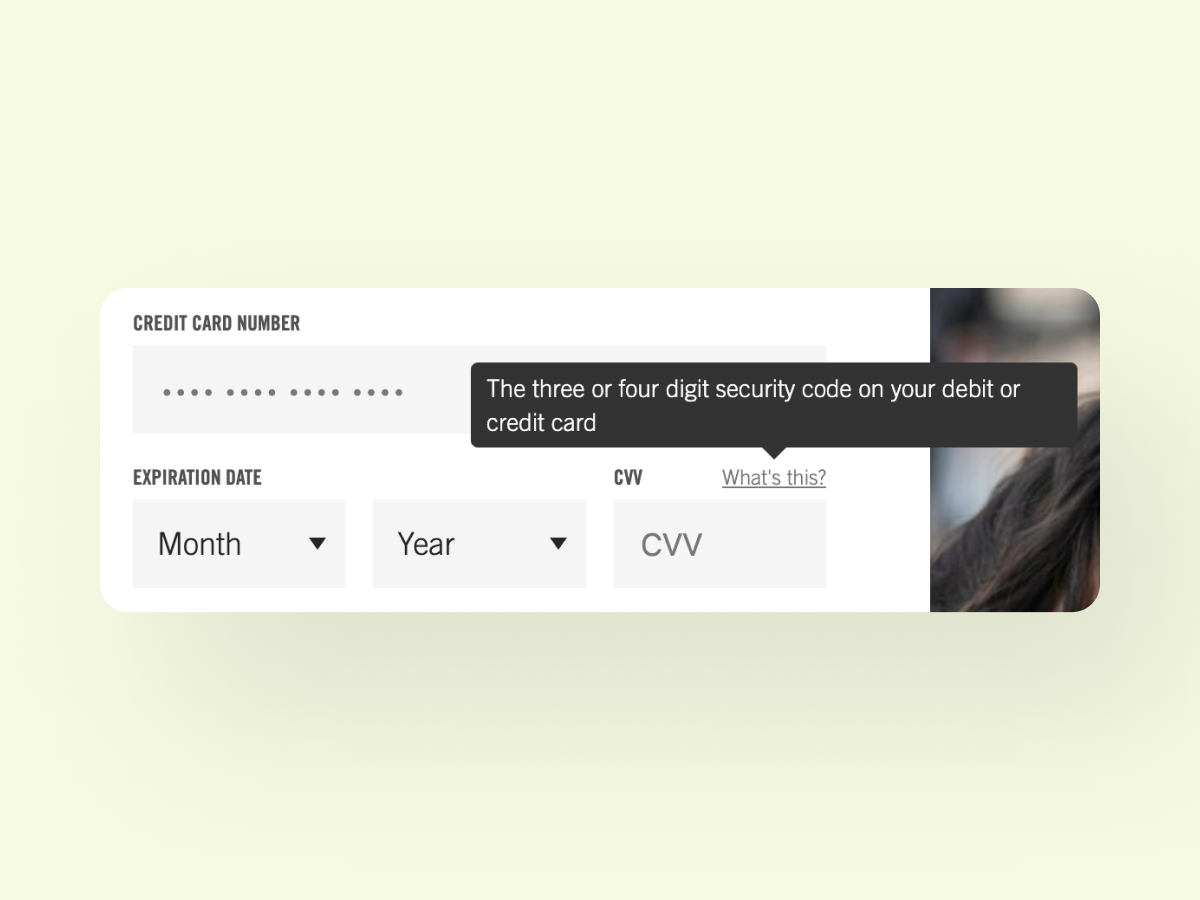 CVV information pop-up when user hovers over assistance prompt on credit card form