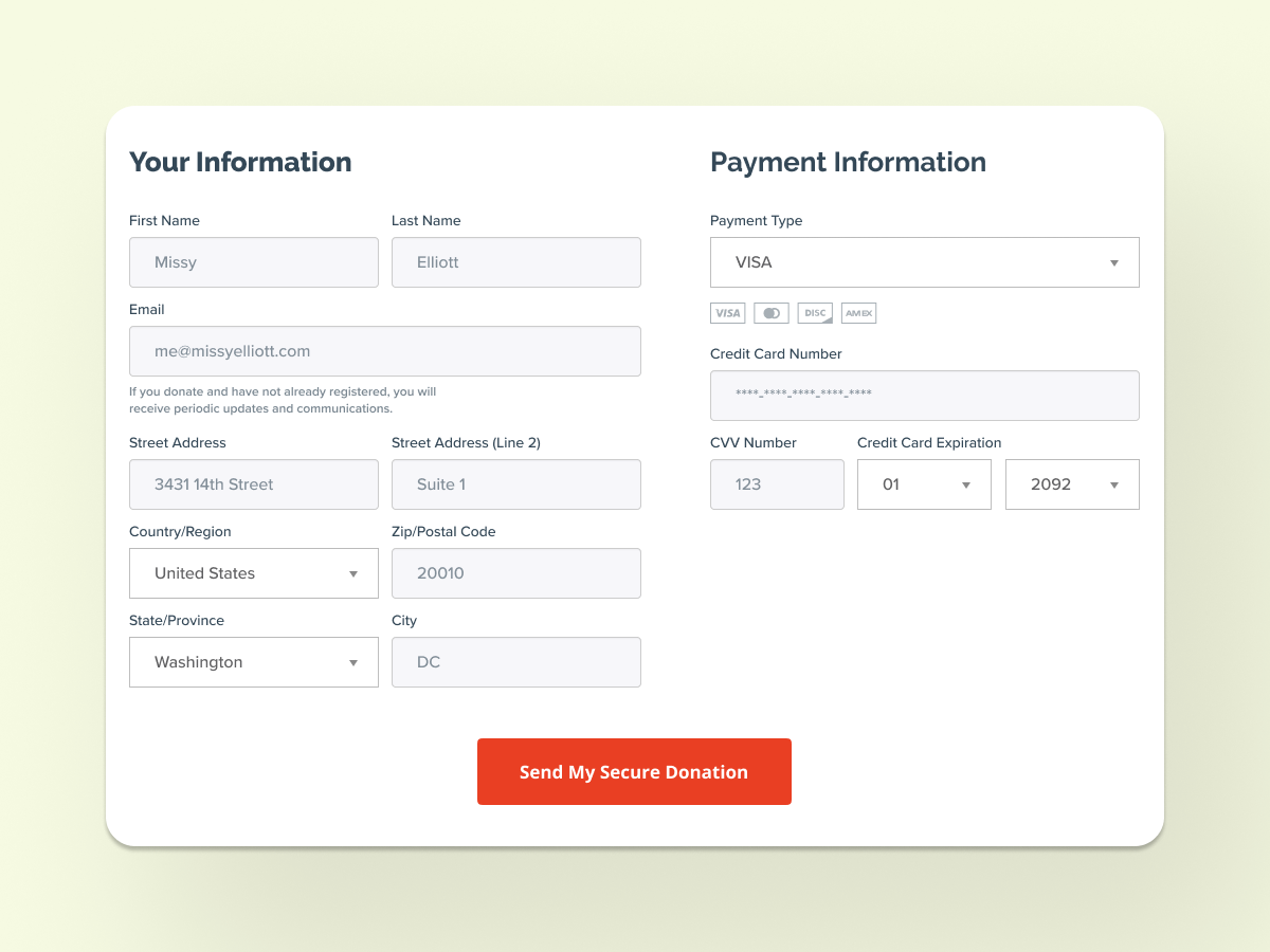 Donation form that separates and labels two separate sections of information