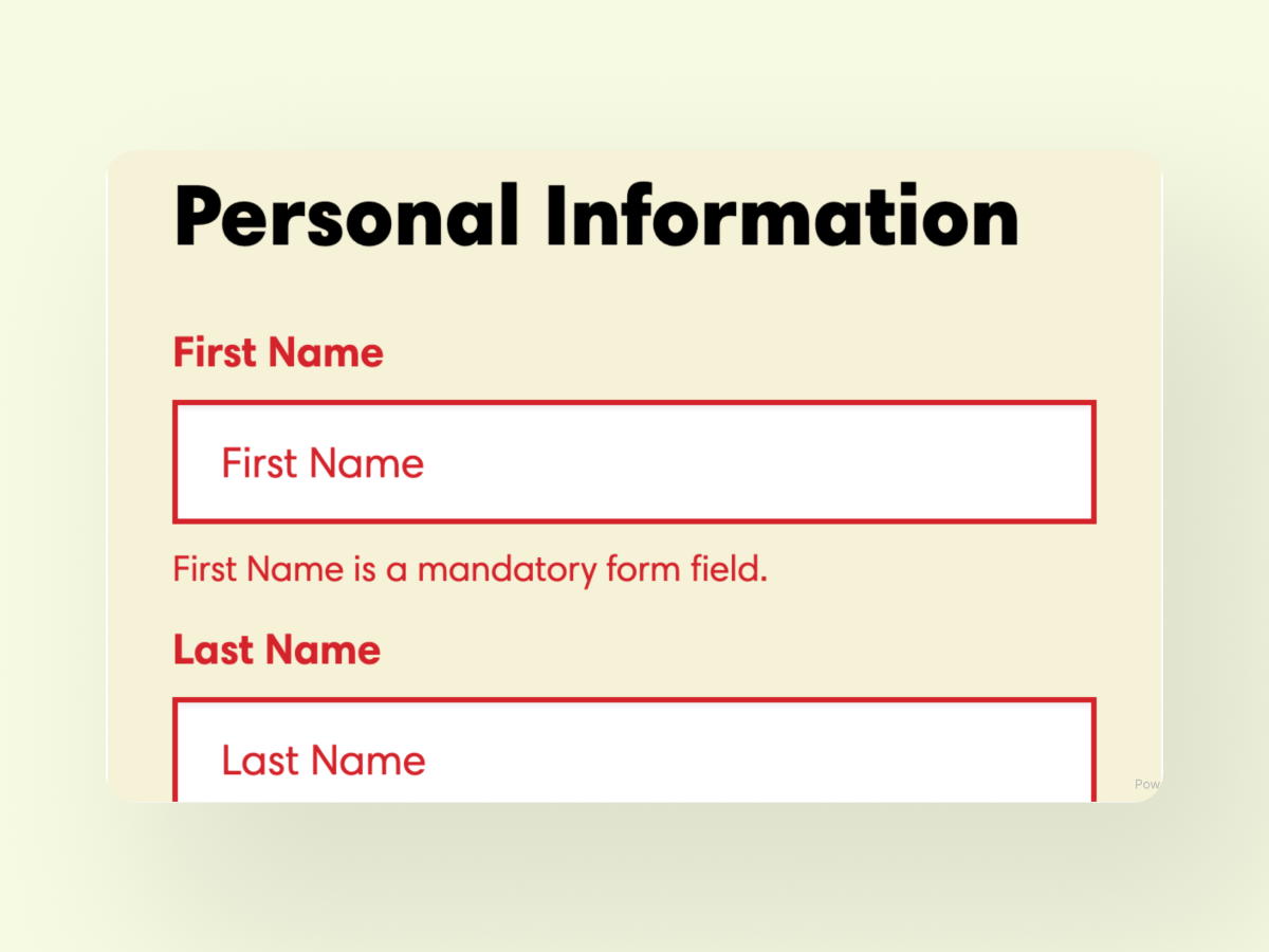 Personal information section of donation form where fields are prompting feedback messages