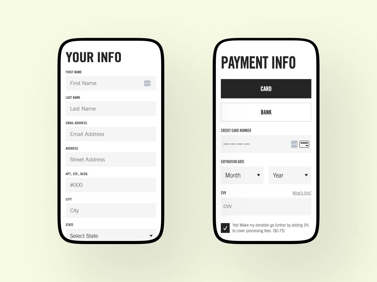 Two views of a responsive donation form on mobile devices